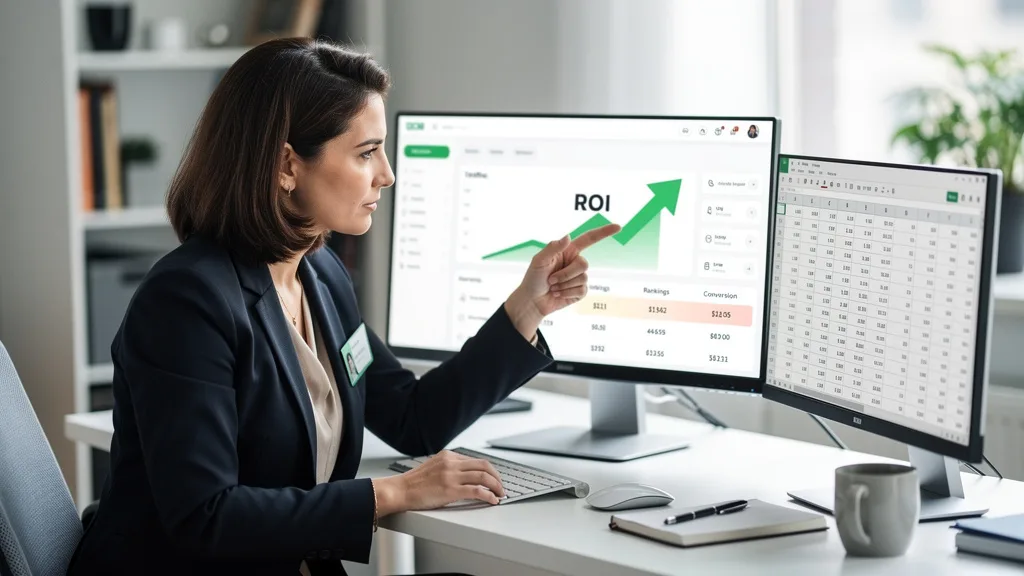 A dashboard showing positive ROI from a SaaS SEO strategy, including traffic and ranking improvements.