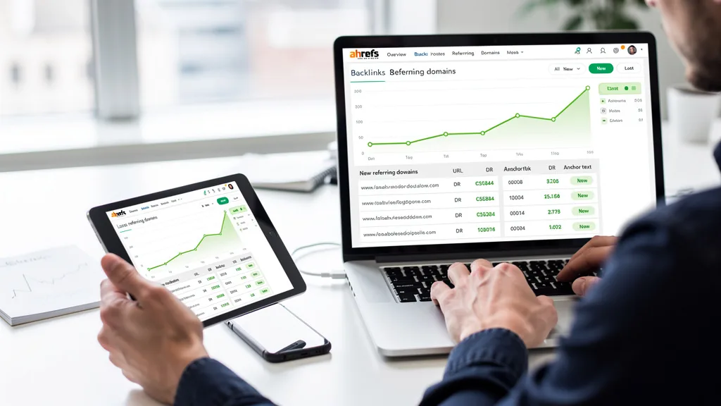 Ahrefs dashboard displaying a report on new and lost backlinks with a line graph.