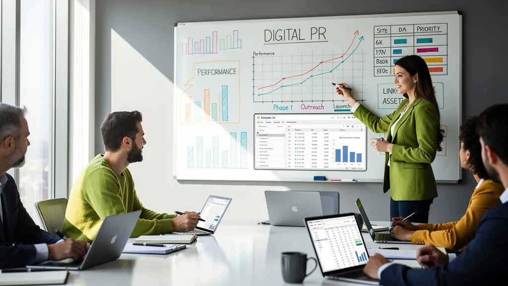 A team of marketing professionals planning a data-driven digital PR campaign for link building.