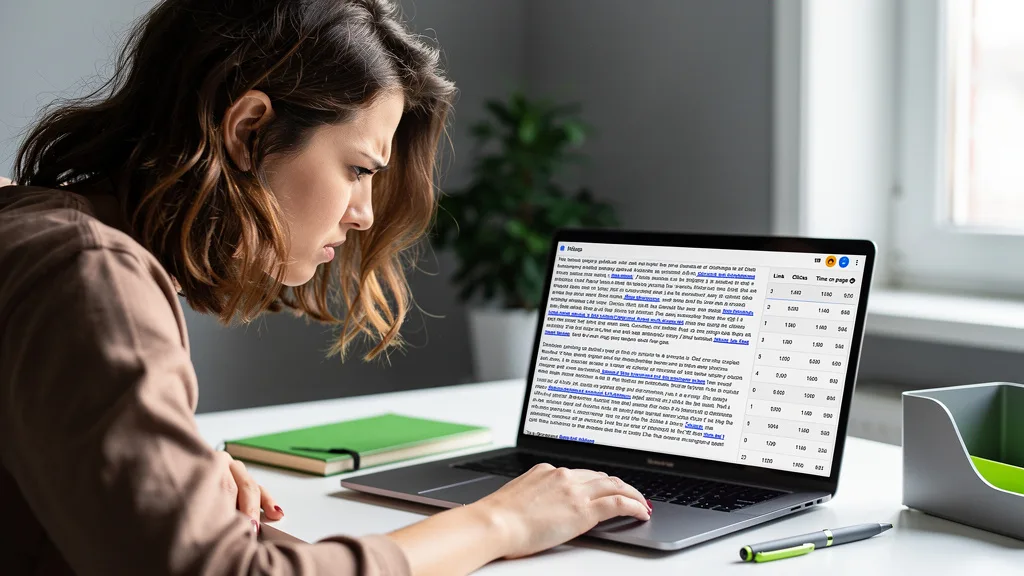 A frustrated user looking at a blog post overloaded with too many links.