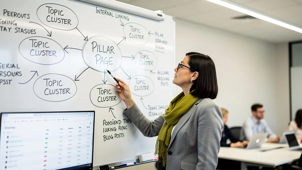 A whiteboard diagram illustrating the topic cluster and pillar page model for content strategy.