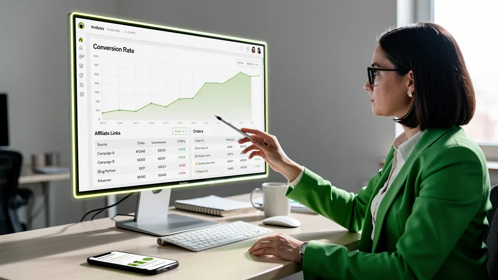 Click to manage / replace image A marketing manager analyzing a dashboard showing successful affiliate link conversion data.