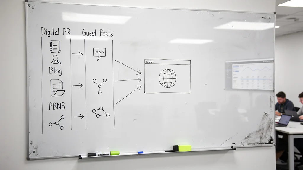 Diagram of a diversified backlink profile with links from digital PR, guest posts, and PBNs.
