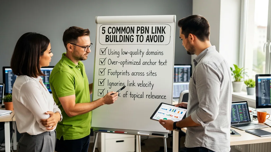 Team reviewing a checklist of PBN link building best practices to avoid common mistakes.