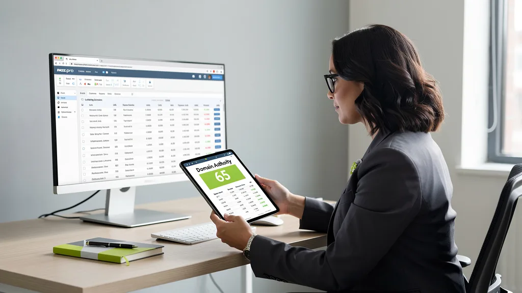 A tablet screen showing the Moz Pro interface with a high Domain Authority score highlighted.