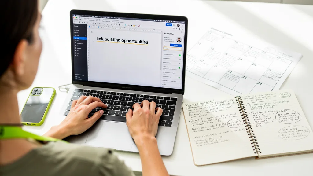 A writer completing a guest post on their laptop, which includes an author bio with a backlink.