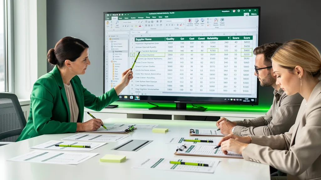 An evaluation team scoring supplier applications against a spreadsheet of criteria.