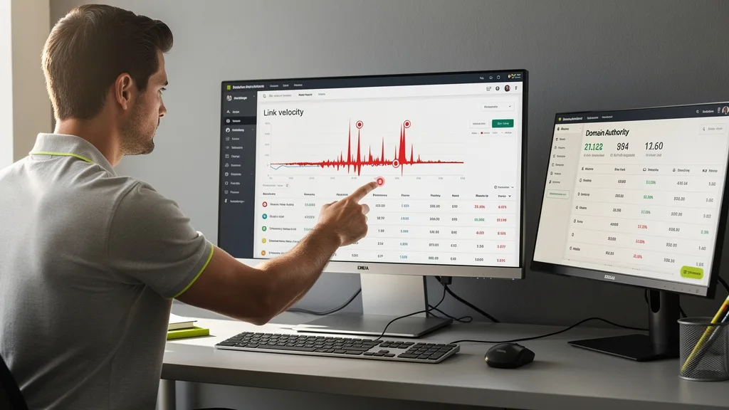 An analyst identifying a manipulated domain score by looking at a suspicious link velocity chart.