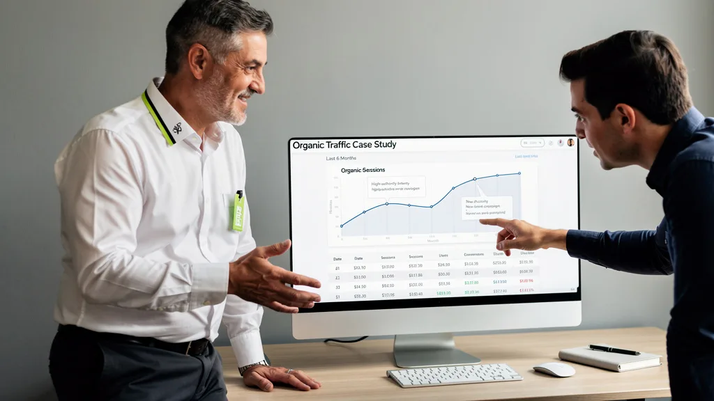 Click to manage / replace image A client reviewing a case study that shows tangible results from a link building campaign.