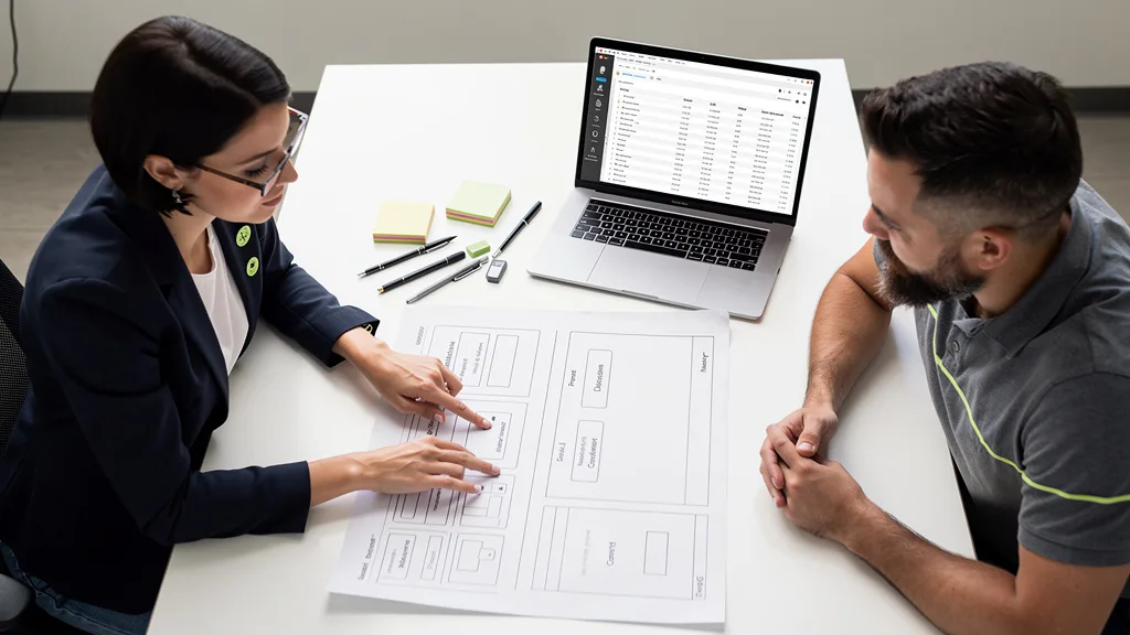 A team planning link placement on a website wireframe during a meeting.