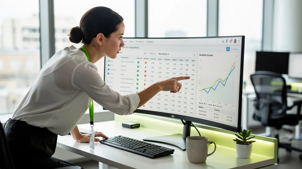 An SEO professional analyzing a backlink profile on a computer screen.