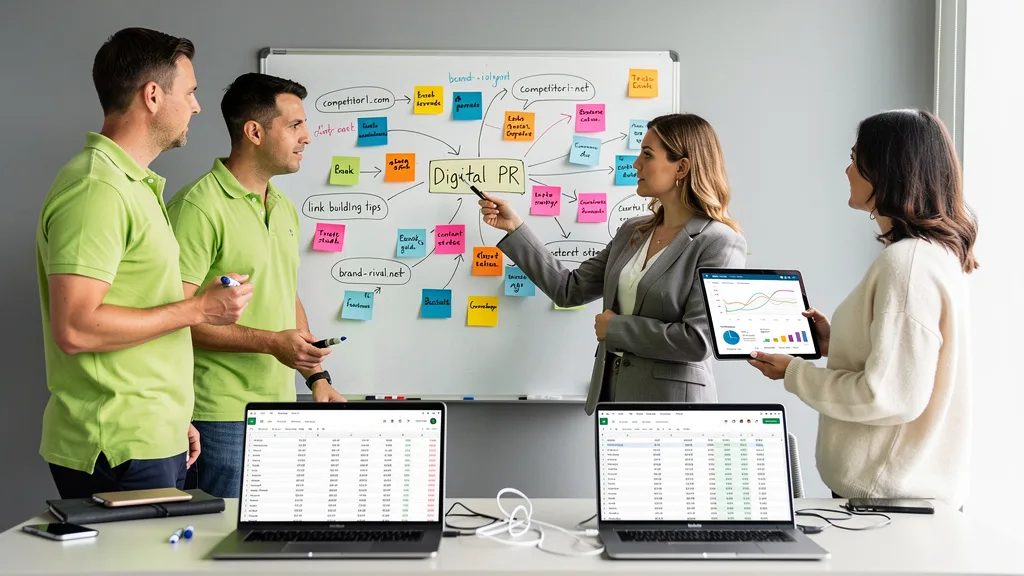 A marketing team collaborating on a link building strategy using a whiteboard.
