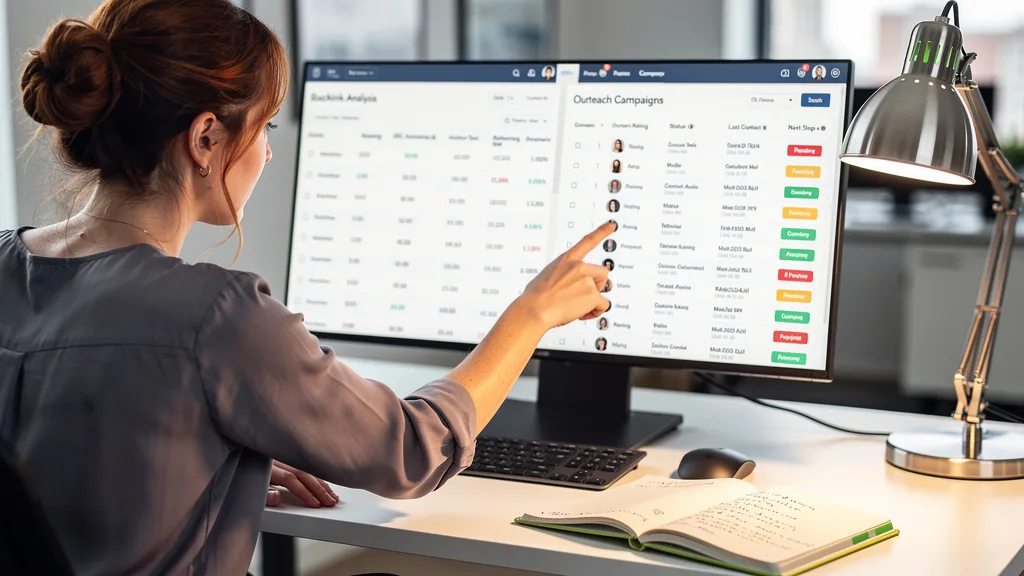 An SEO professional using a suite of tools for backlink analysis and outreach management.