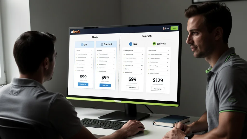 A side-by-side comparison of the Ahrefs and Semrush pricing plans on a computer screen.