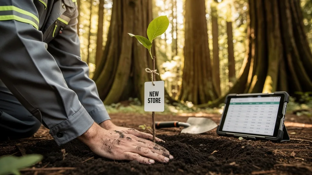 A small sapling representing a new ecommerce store being planted among large, established trees.