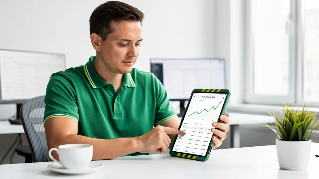 Click to manage / replace image A marketing manager reviewing a report that shows a spike in qualified referral traffic from link building efforts.
