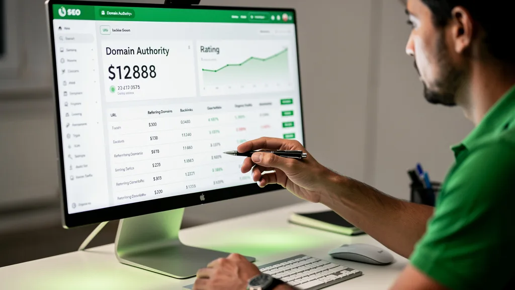 A computer screen showing domain authority and other key SEO metrics for a website.