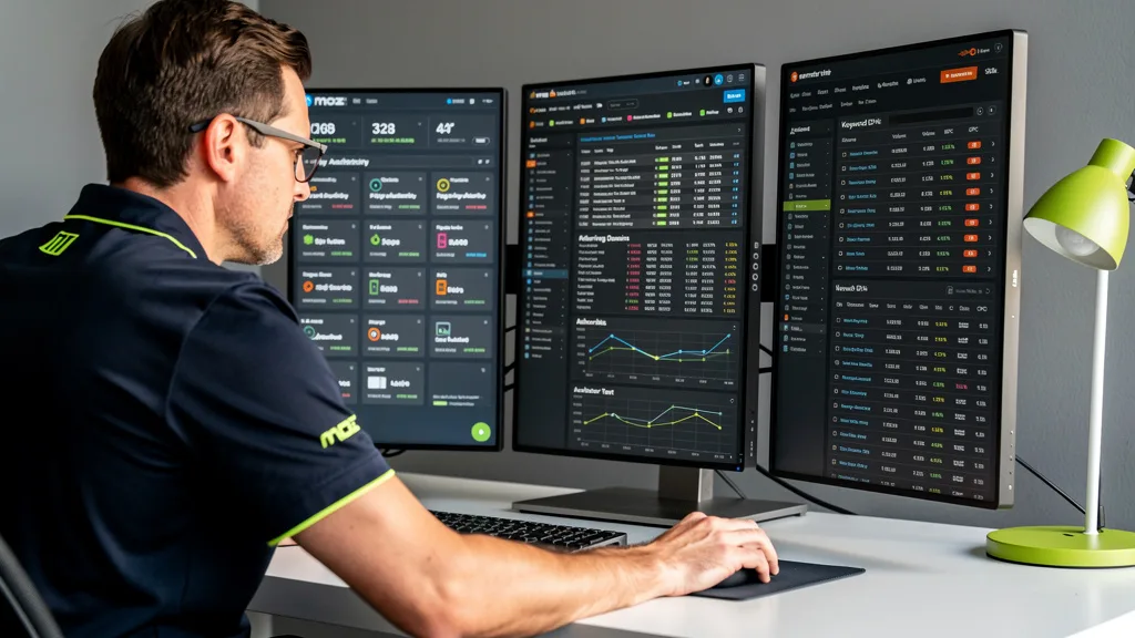 An SEO professional comparing domain metrics from Moz, Ahrefs, and Semrush on three monitors.