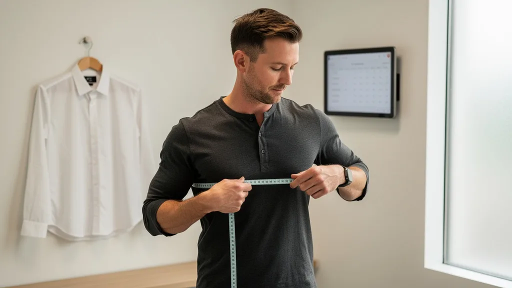Click to manage / replace image A person measuring their chest with a soft tape measure for a shirt size.
