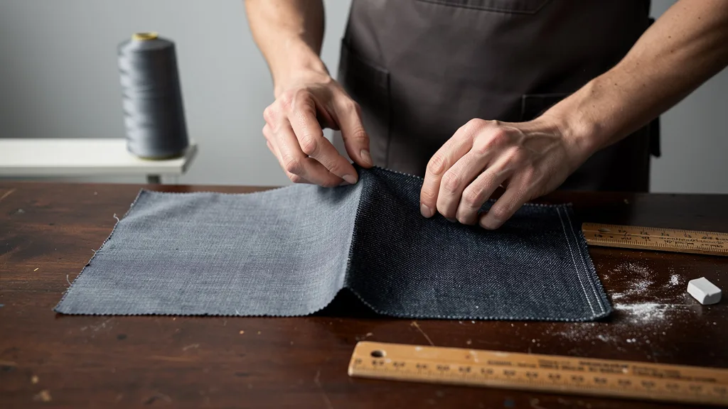 Click to manage / replace image Side-by-side comparison of a smooth chambray fabric swatch and a textured denim swatch.