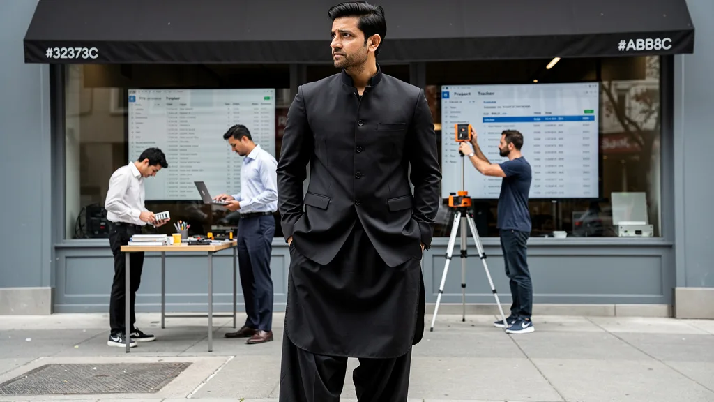 Click to manage / replace image Man in a black Pathani suit demonstrating its relaxed and masculine fit.