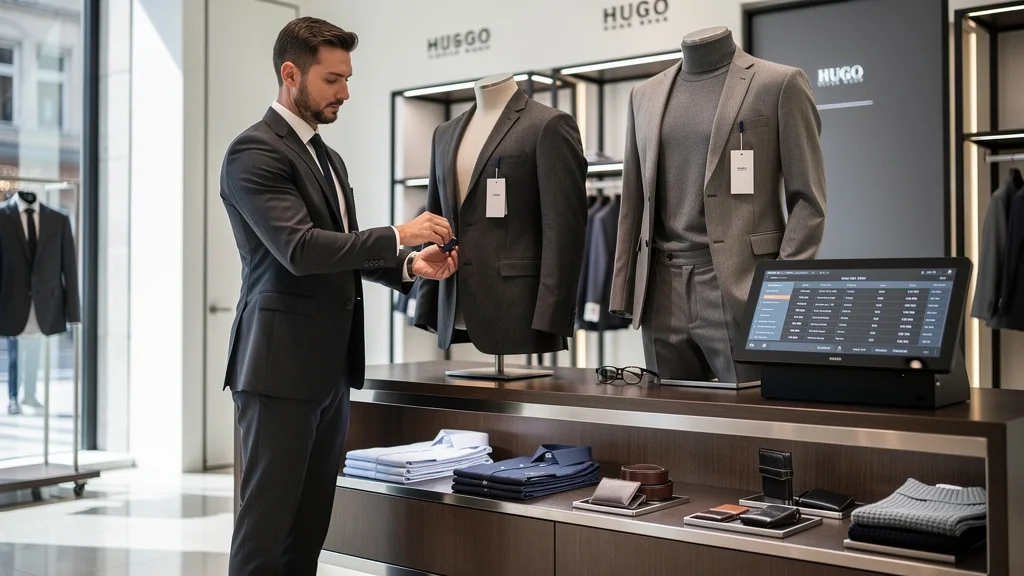 Click to manage / replace image A retail display showing the distinction between the premium BOSS line and the trendy HUGO line from Hugo Boss.