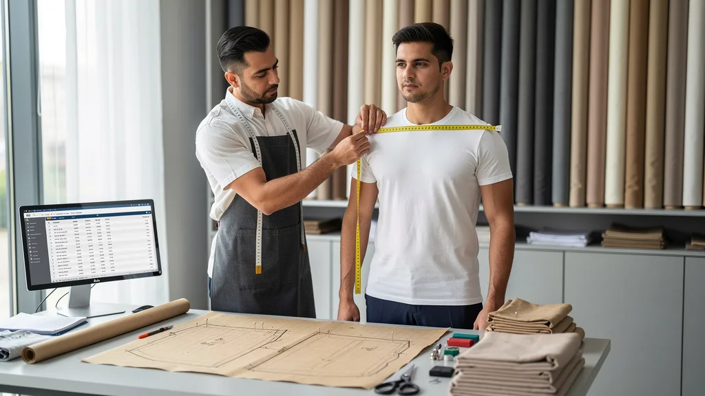 A tailor measuring a client