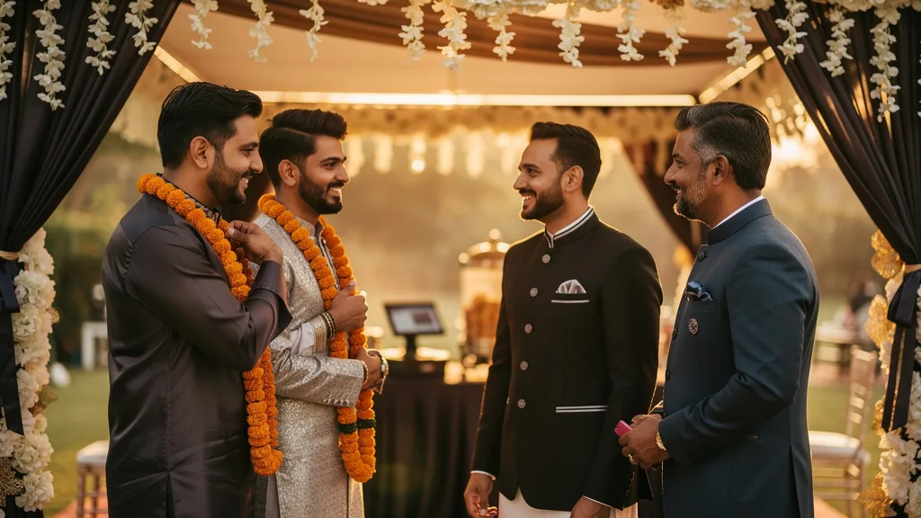 Click to manage / replace image Men dressed in kurtas and Nehru jackets at a festive wedding celebration.