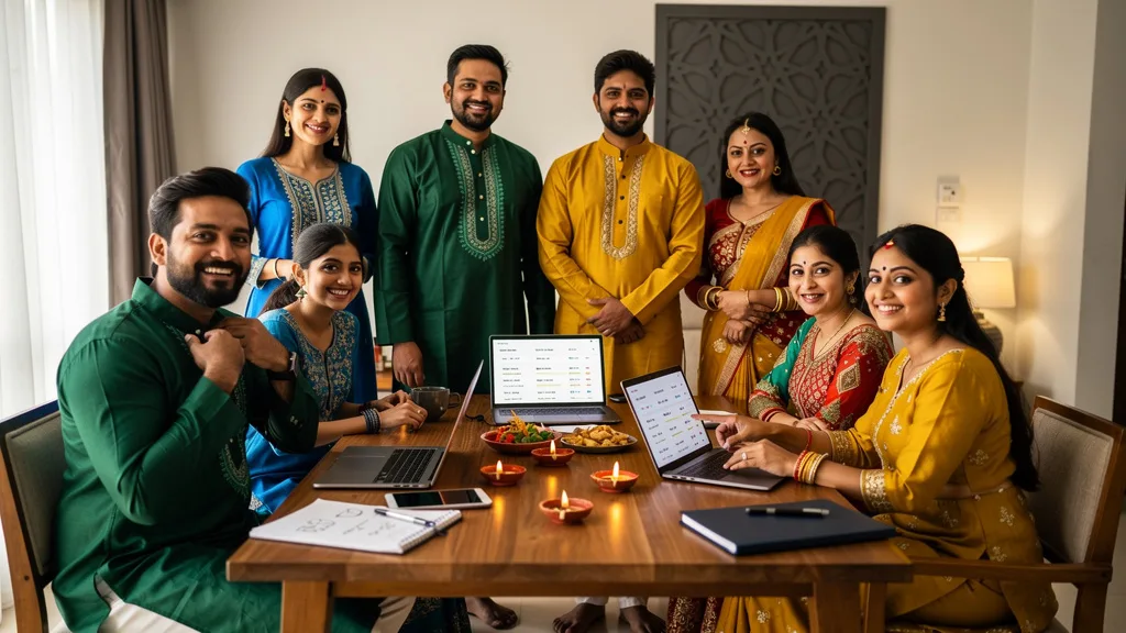 A family smiling together at a festive celebration, all dressed in colorful and elegant kurtas.