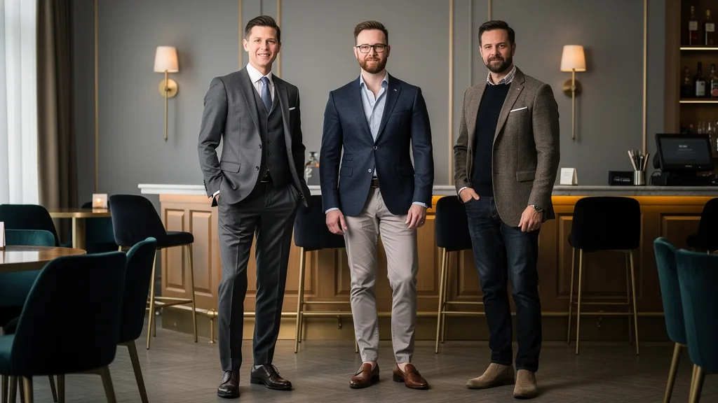 Click to manage / replace image Men wearing different jackets, showing the key differences in Suit vs Blazer for various occasions.