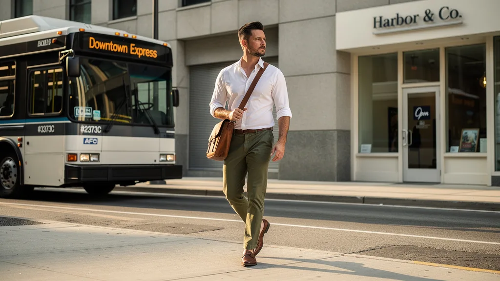 Man confidently wearing a smart-casual outfit with olive green chinos and a white shirt.