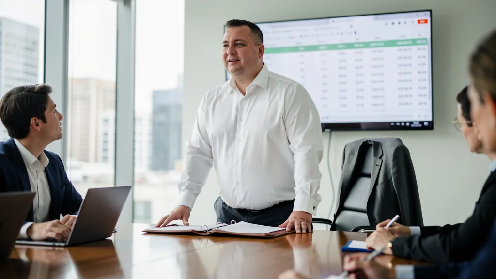 A man in a crisp white XXXL formal shirt leading a business meeting.