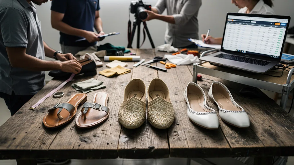 An assortment of appropriate footwear choices for a kurta, including mojaris and sandals.