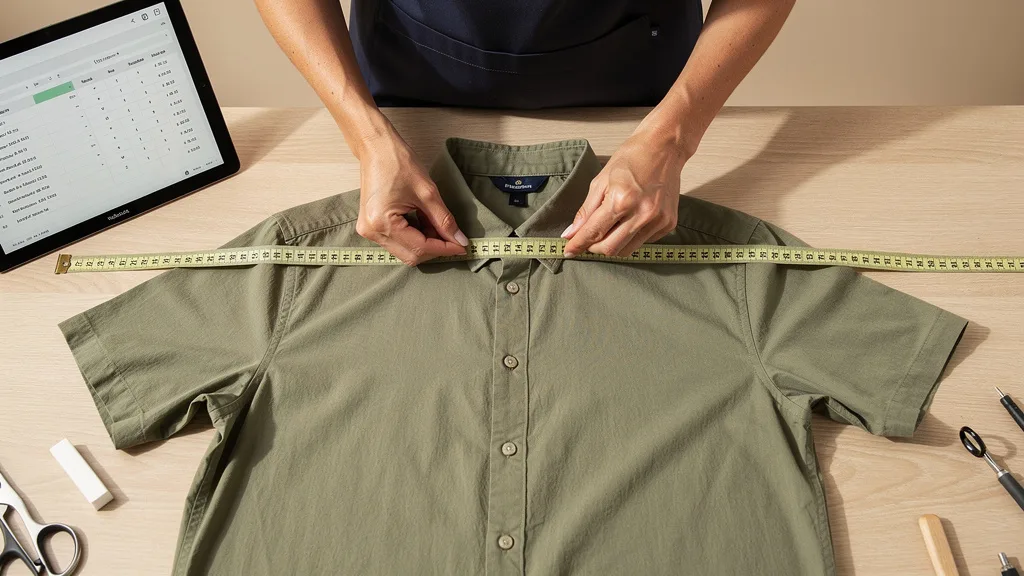 Click to manage / replace image A person measures the shoulder width of a well-fitting shirt laid flat on a table.