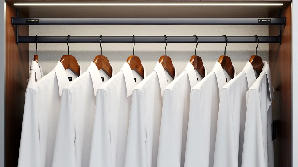 Click to manage / replace image Formal shirts hanging neatly in a closet on wide wooden hangers to maintain their shape.