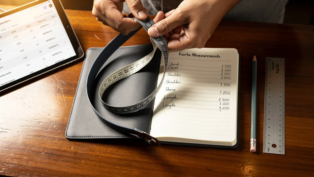 Essential tools including a flexible measuring tape and notebook for calculating kurta size.
