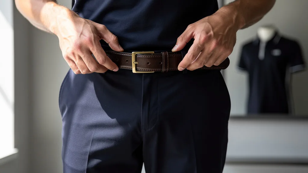 Close-up of a brown leather belt worn with navy blue chinos.