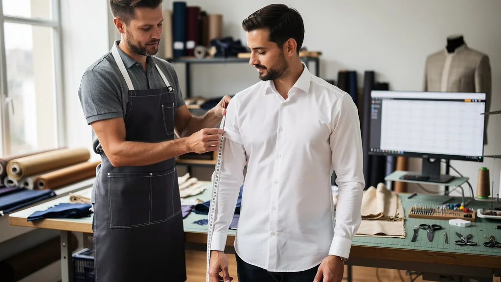 Click to manage / replace image A friend helps with how to measure your neck and sleeve for a premium dress shirt.