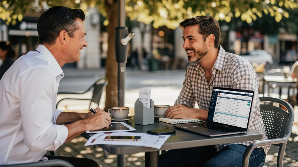 Man in a casual plaid shirt enjoying a sunny day at an outdoor cafe.