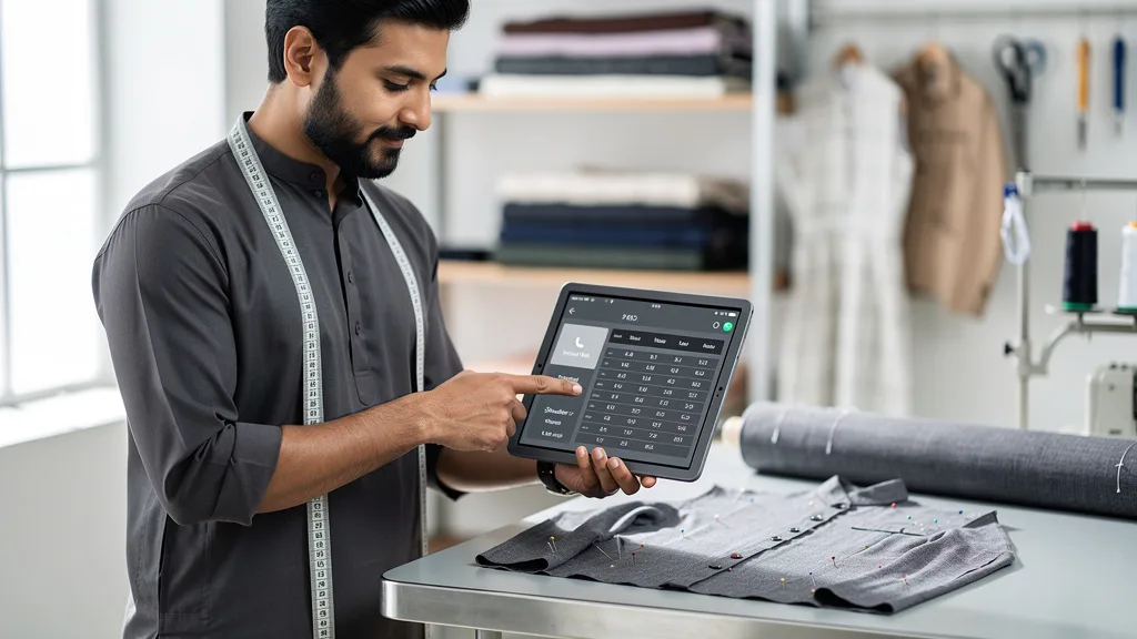 Click to manage / replace image A person comparing their body measurements to an online kurta size chart on a tablet.