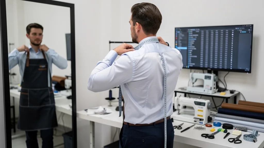 Man in premium shirt checking fit in mirror
