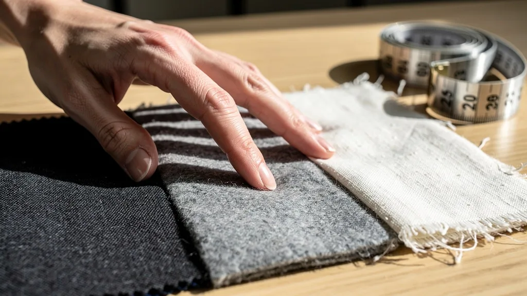 Click to manage / replace image Close-up view of a hand touching different trouser fabric swatches like cotton, wool, and linen.