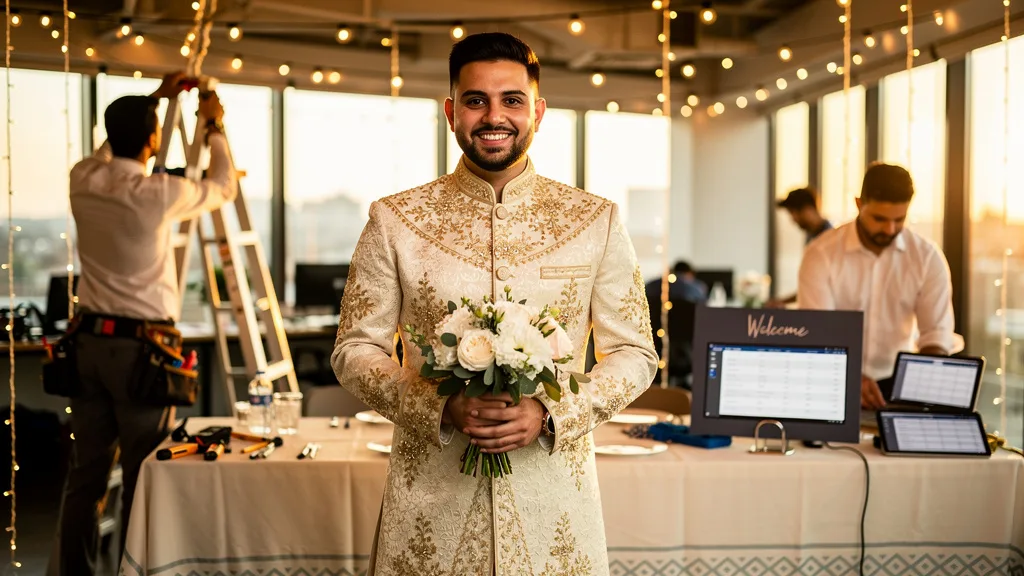 Click to manage / replace image Kurta vs Sherwani for Groom Attire in 2026: Floral hand-embellished sherwani for reception