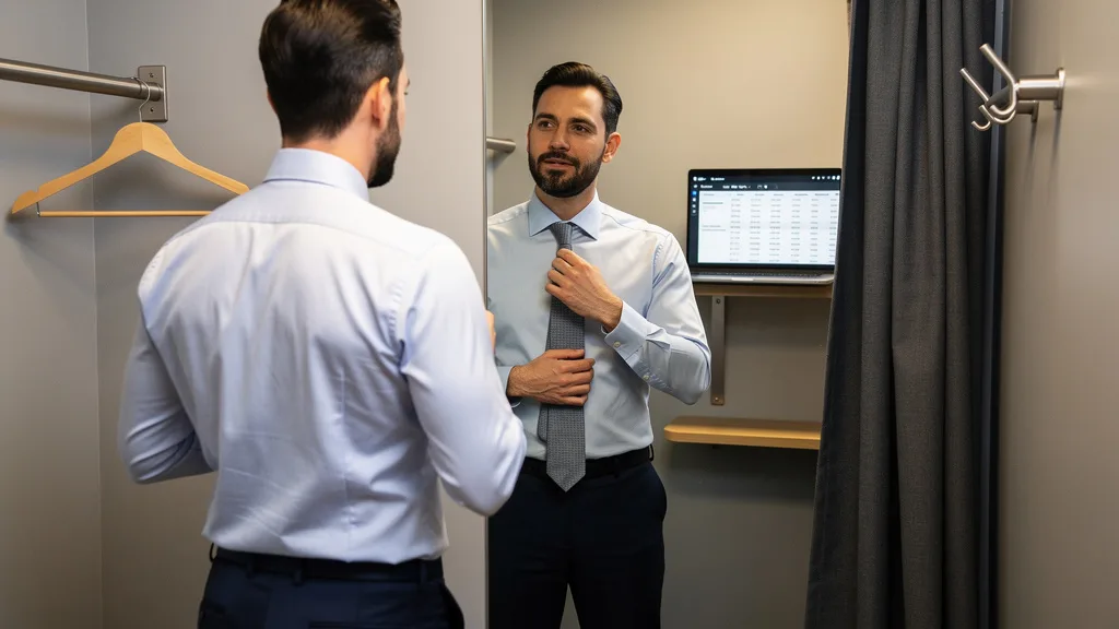 Click to manage / replace image A man looking polished and confident in a perfectly tucked light blue dress shirt.