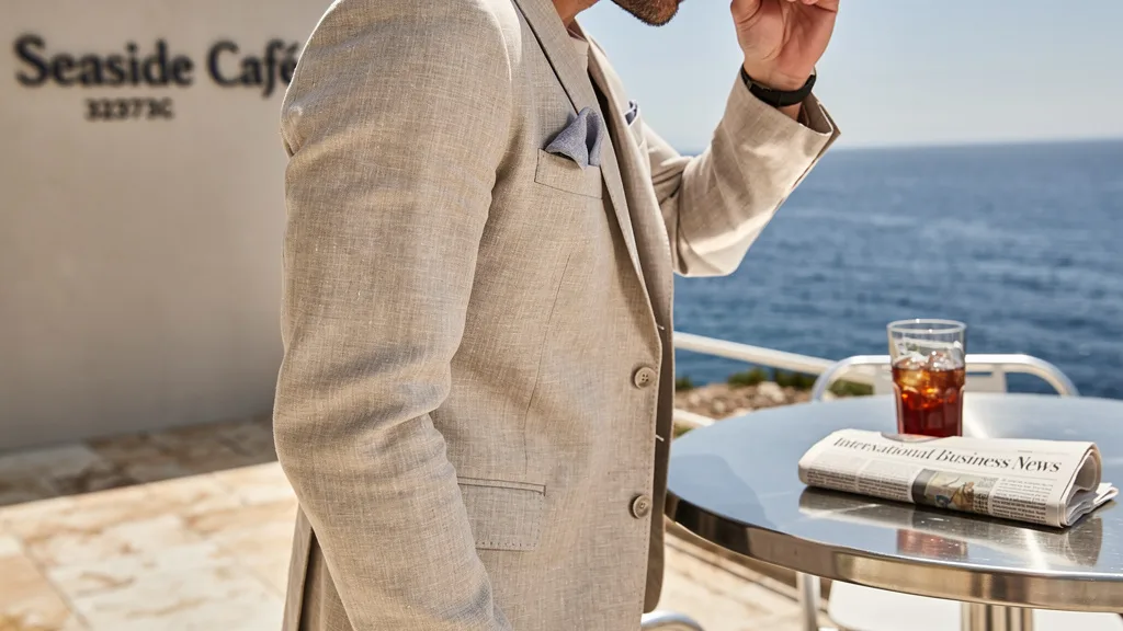 Click to manage / replace image A man in a breathable linen suit enjoying a sunny day by the coast.