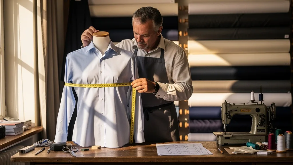 Click to manage / replace image A tailor measuring a dress shirt on a mannequin to ensure a perfect fit.