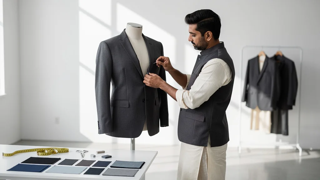 Click to manage / replace image A man dressed in a festive kurta and waistcoat for a celebration.