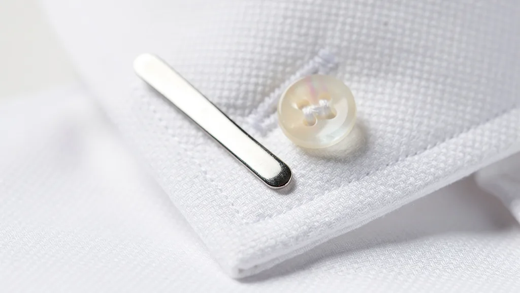 Close-up of premium shirt collar with metal stay and pearl button