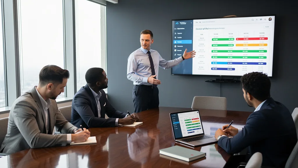 Man in a light blue formal shirt and tie presenting to colleagues in a business meeting.
