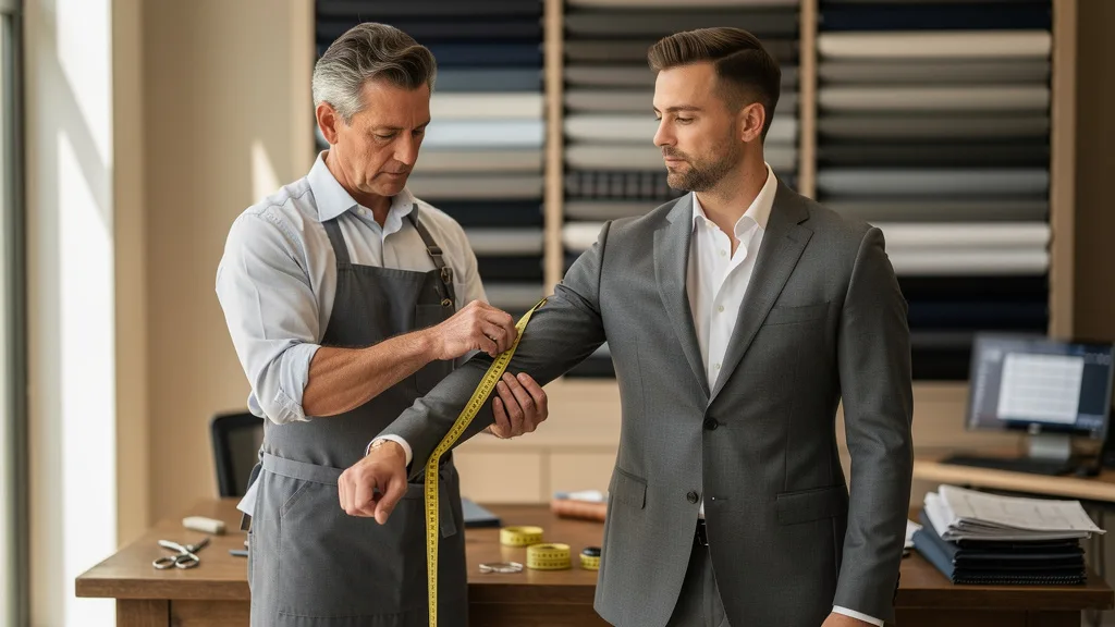 A tailor ensuring the perfect fit of a charcoal grey suit jacket.